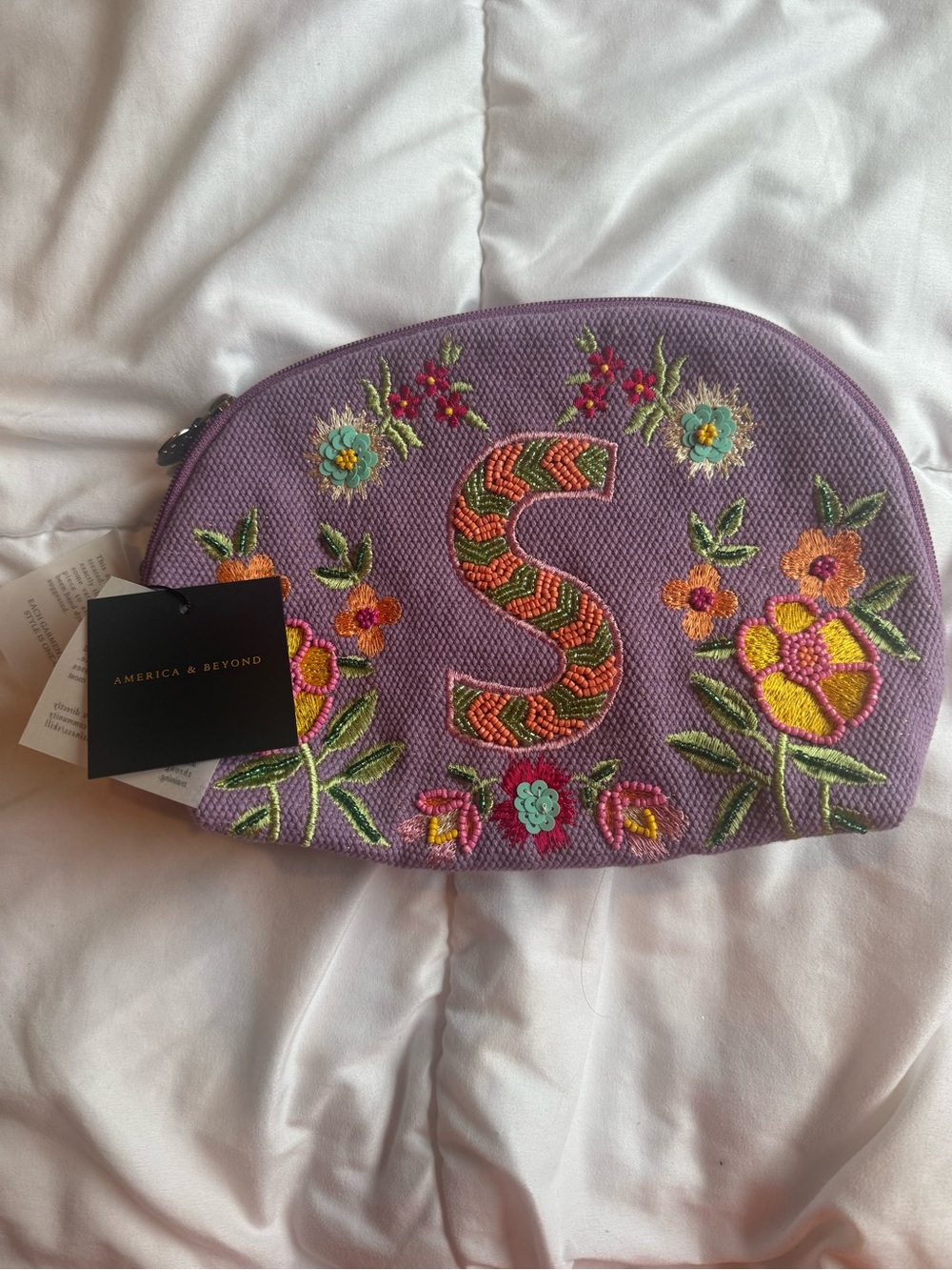 Lavender Embroidered Initial 'S' Cosmetic Pouch